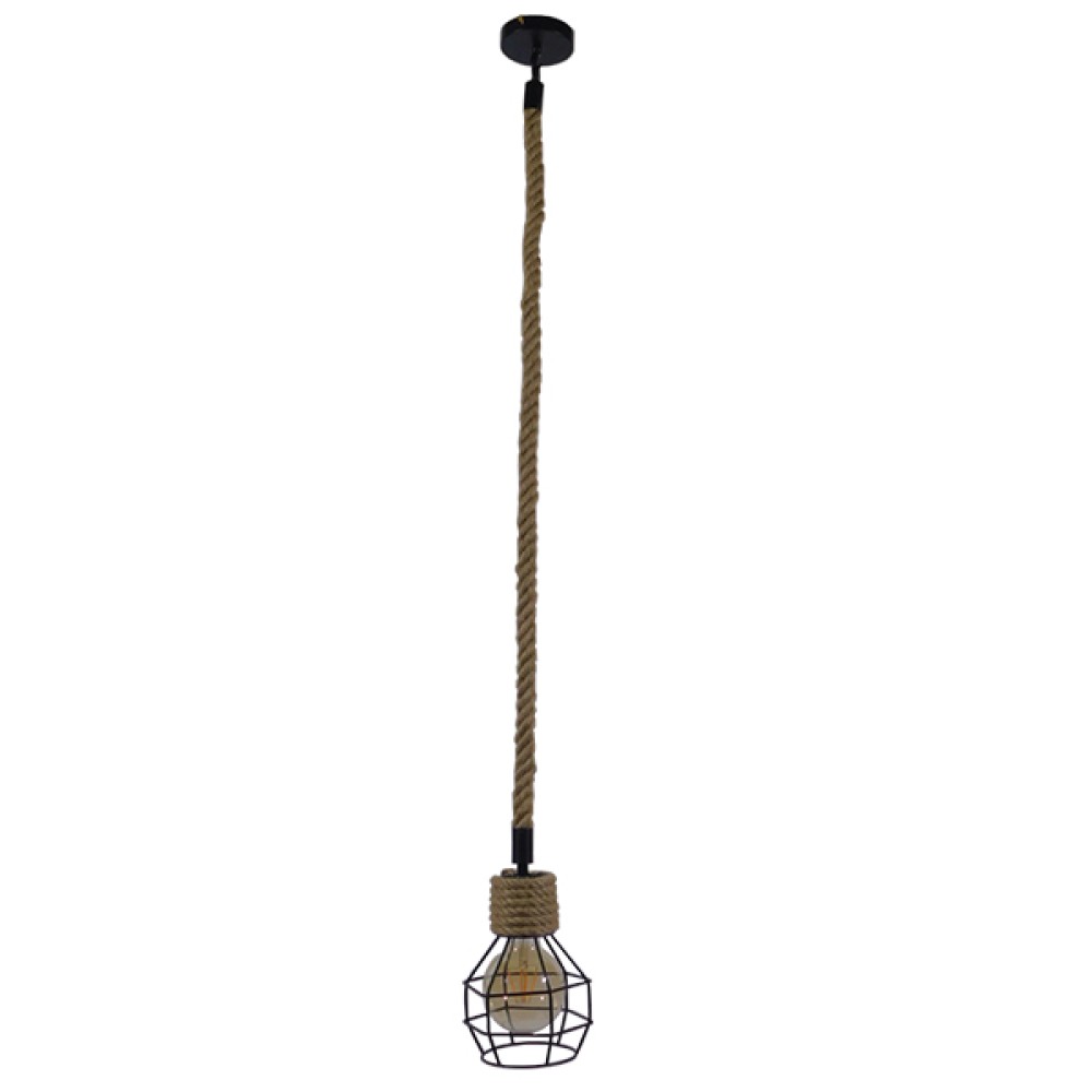 GloboStar® HELLET 01182 Vintage Κρεμαστό Φωτιστικό Πλέγμα Μονόφωτο 1 x E27 IP20 Μαύρο Μέταλλο με Μπεζ Σχοινί - Μ16 x Π16 x Υ25cm