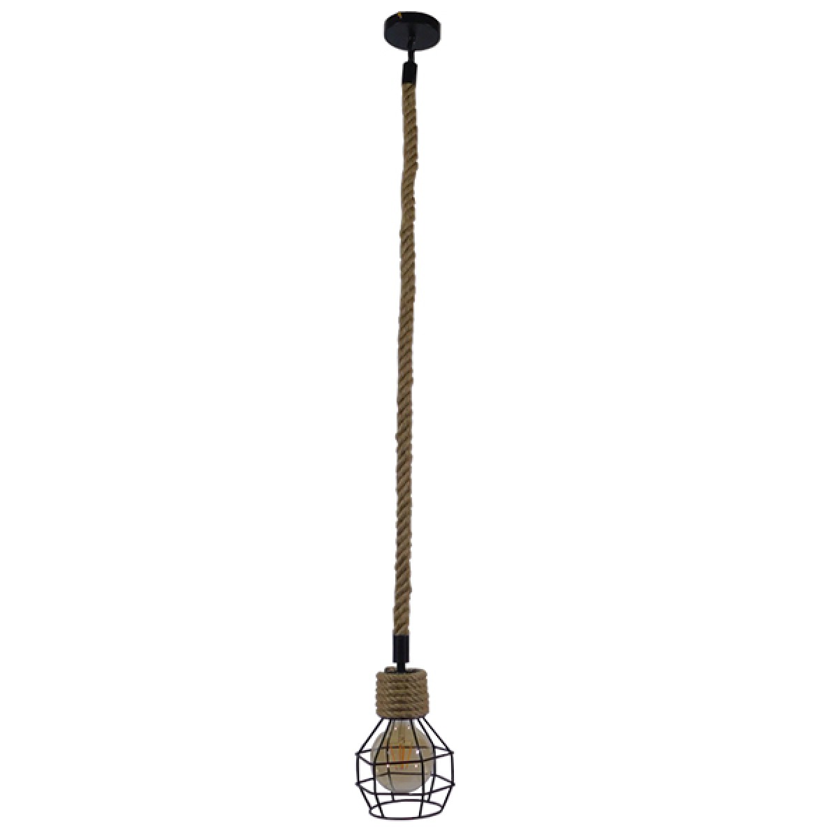 GloboStar® HELLET 01182 Vintage Κρεμαστό Φωτιστικό Πλέγμα Μονόφωτο 1 x E27 IP20 Μαύρο Μέταλλο με Μπεζ Σχοινί - Μ16 x Π16 x Υ25cm