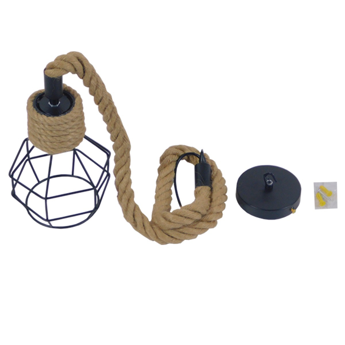 GloboStar® HELLET 01182 Vintage Κρεμαστό Φωτιστικό Πλέγμα Μονόφωτο 1 x E27 IP20 Μαύρο Μέταλλο με Μπεζ Σχοινί - Μ16 x Π16 x Υ25cm