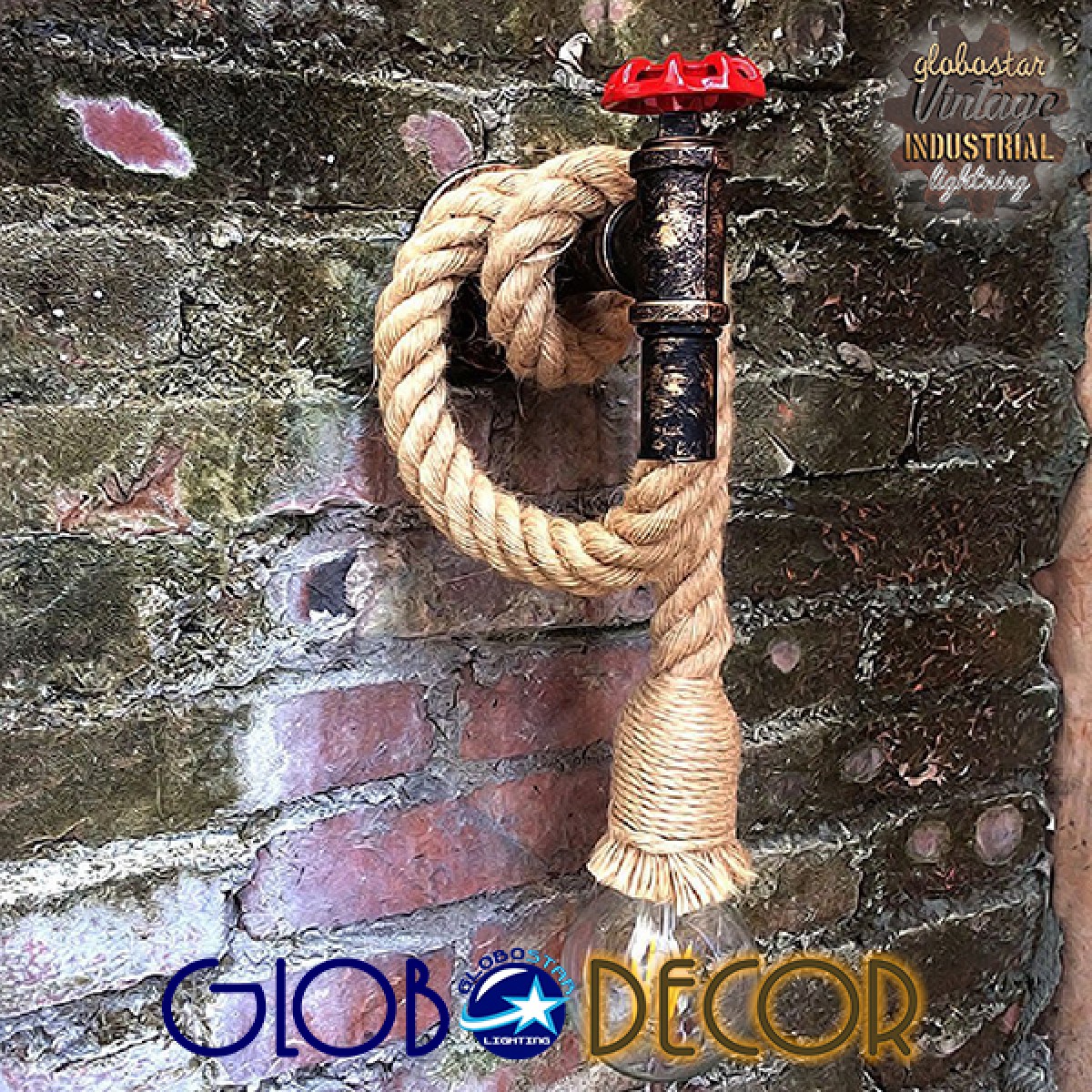 GloboStar® TROUVER 01183 Vintage Επιτοίχιο Φωτιστικό Απλίκα Μονόφωτο 1 x E27 IP20 Μπρούτζινο & Κόκκινο Μέταλλο με Μπεζ Σχοινί Μ14.5 x Π3.3 x Υ16cm