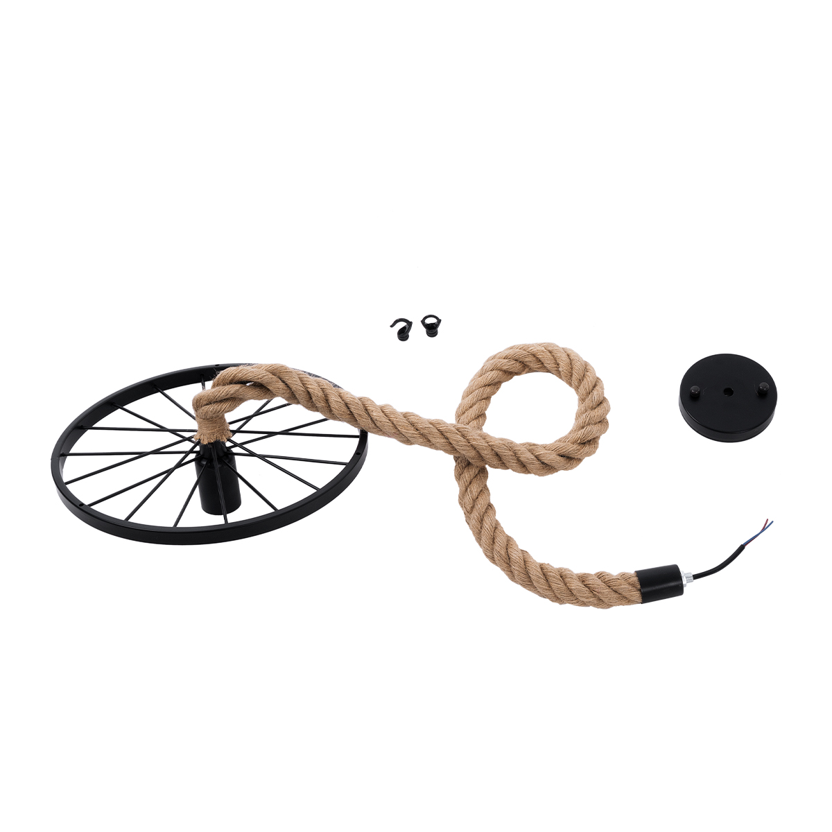 GloboStar® VELO 01185 Vintage Κρεμαστό Φωτιστικό Ανάρτηση Μονόφωτο 1 x E27 IP20 Μαύρο Μέταλλο με Μπεζ Σχοινί - Μ30 x Π30 x Υ12cm