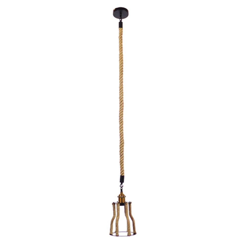 GloboStar® LANTERN 01186 Vintage Κρεμαστό Φωτιστικό Ανάρτηση Μονόφωτο 1 x E27 IP20 Μαύρο & Χρυσό Μέταλλο με Μπεζ Σχοινί - Μ15 x Π15 x Υ24cm