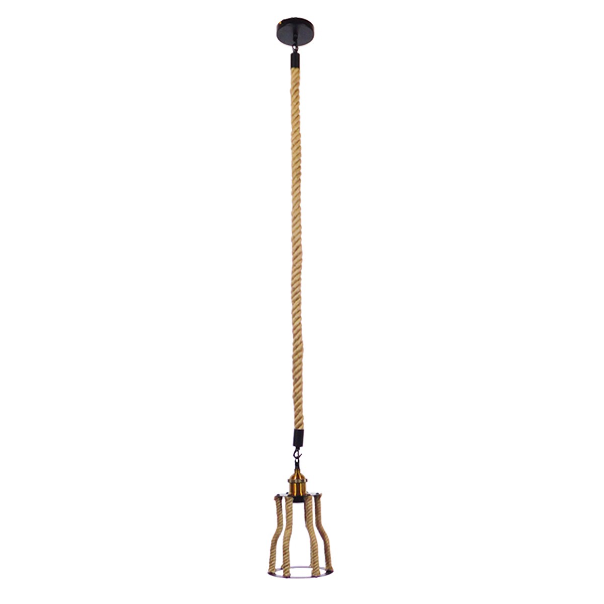 GloboStar® LANTERN 01186 Vintage Κρεμαστό Φωτιστικό Ανάρτηση Μονόφωτο 1 x E27 IP20 Μαύρο & Χρυσό Μέταλλο με Μπεζ Σχοινί - Μ15 x Π15 x Υ24cm