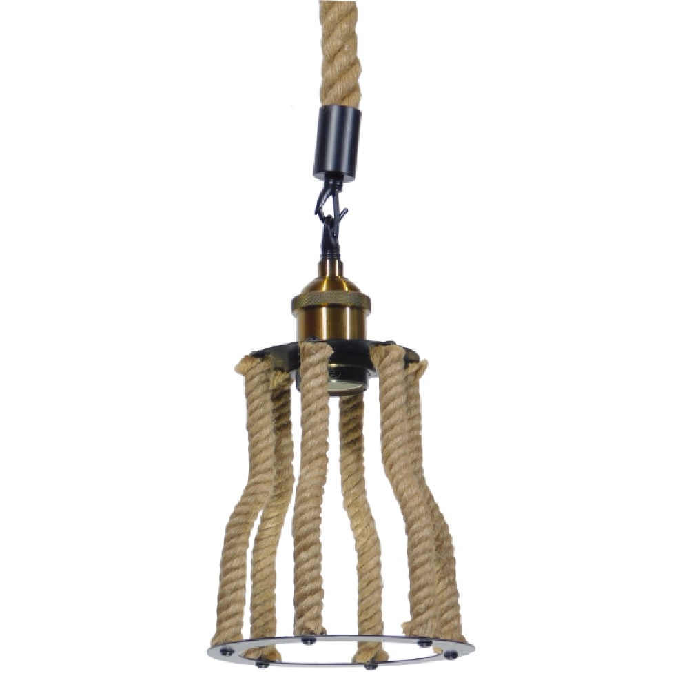 GloboStar® LANTERN 01186 Vintage Κρεμαστό Φωτιστικό Ανάρτηση Μονόφωτο 1 x E27 IP20 Μαύρο & Χρυσό Μέταλλο με Μπεζ Σχοινί - Μ15 x Π15 x Υ24cm