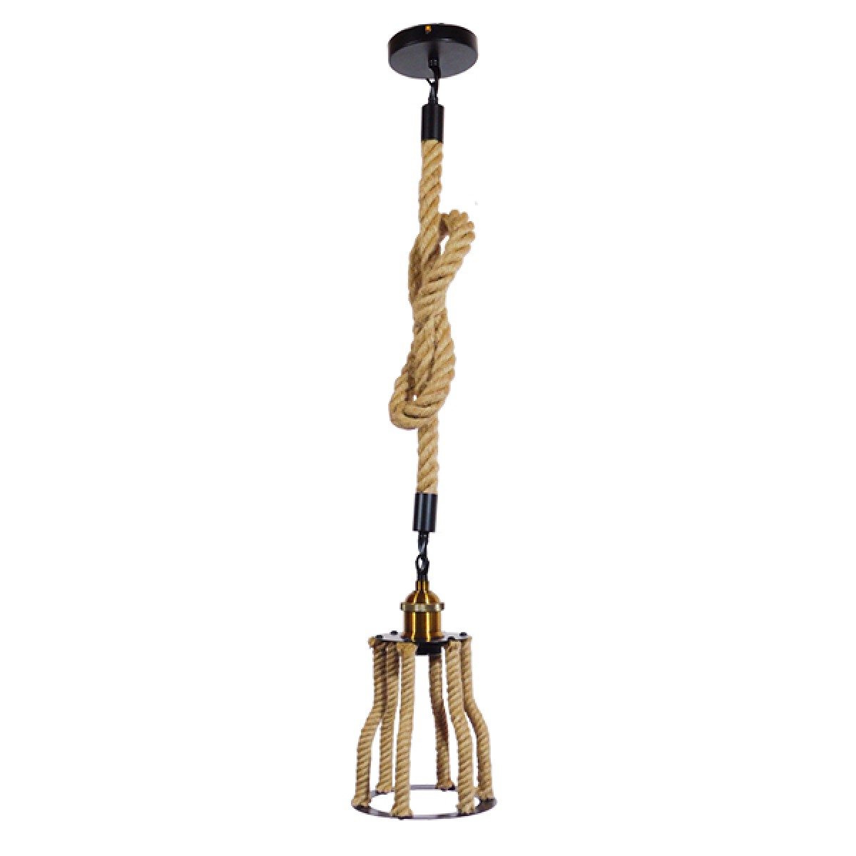 GloboStar® LANTERN 01186 Vintage Κρεμαστό Φωτιστικό Ανάρτηση Μονόφωτο 1 x E27 IP20 Μαύρο & Χρυσό Μέταλλο με Μπεζ Σχοινί - Μ15 x Π15 x Υ24cm