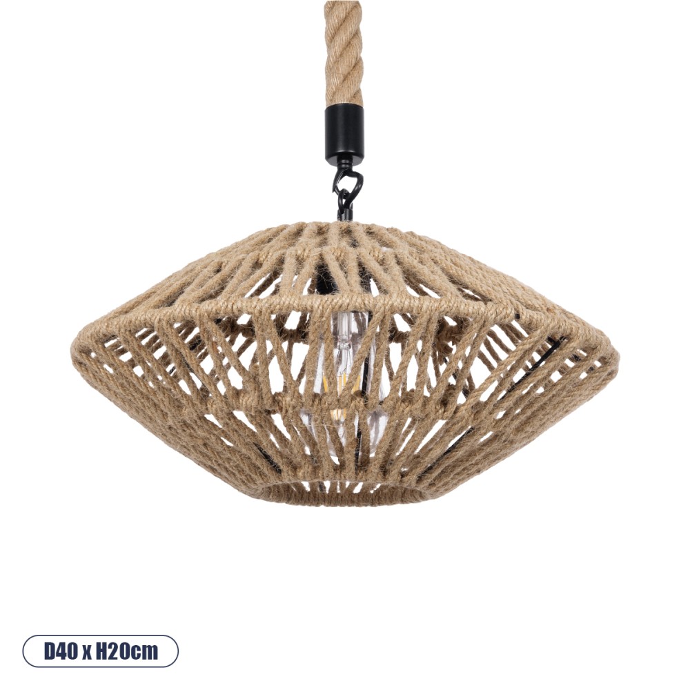GloboStar® NATHLEN 01187 Vintage Κρεμαστό Φωτιστικό Πλέγμα Μονόφωτο 1 x E27 IP20 Μαύρο Μέταλλο με Μπεζ Σχοινί - Μ40 x Π40 x Υ20cm
