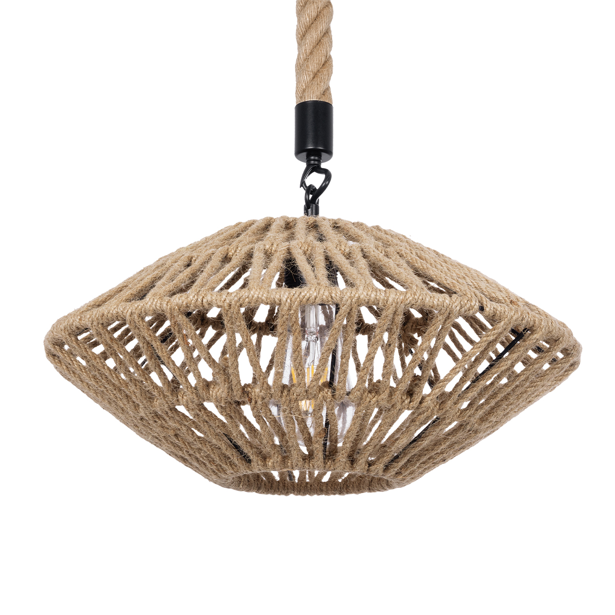 GloboStar® NATHLEN 01187 Vintage Κρεμαστό Φωτιστικό Πλέγμα Μονόφωτο 1 x E27 IP20 Μαύρο Μέταλλο με Μπεζ Σχοινί - Μ40 x Π40 x Υ20cm