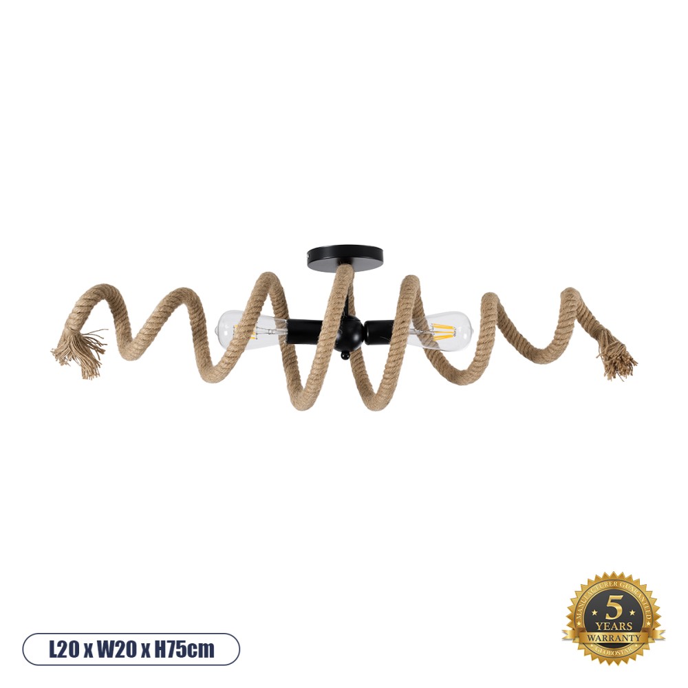 GloboStar® SPIRAL 01188 Vintage Φωτιστικό Οροφής Πλέγμα Δίφωτο 2 x E27 IP20 Μαύρο Μέταλλο με Μπεζ Σχοινί - Μ20 x Π20 x Υ75cm