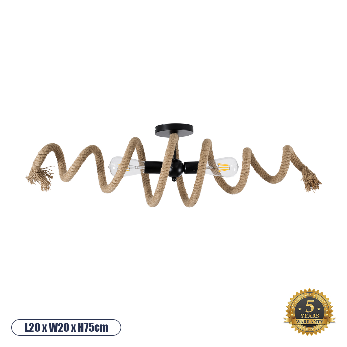 GloboStar® SPIRAL 01188 Vintage Φωτιστικό Οροφής Πλέγμα Δίφωτο 2 x E27 IP20 Μαύρο Μέταλλο με Μπεζ Σχοινί - Μ20 x Π20 x Υ75cm