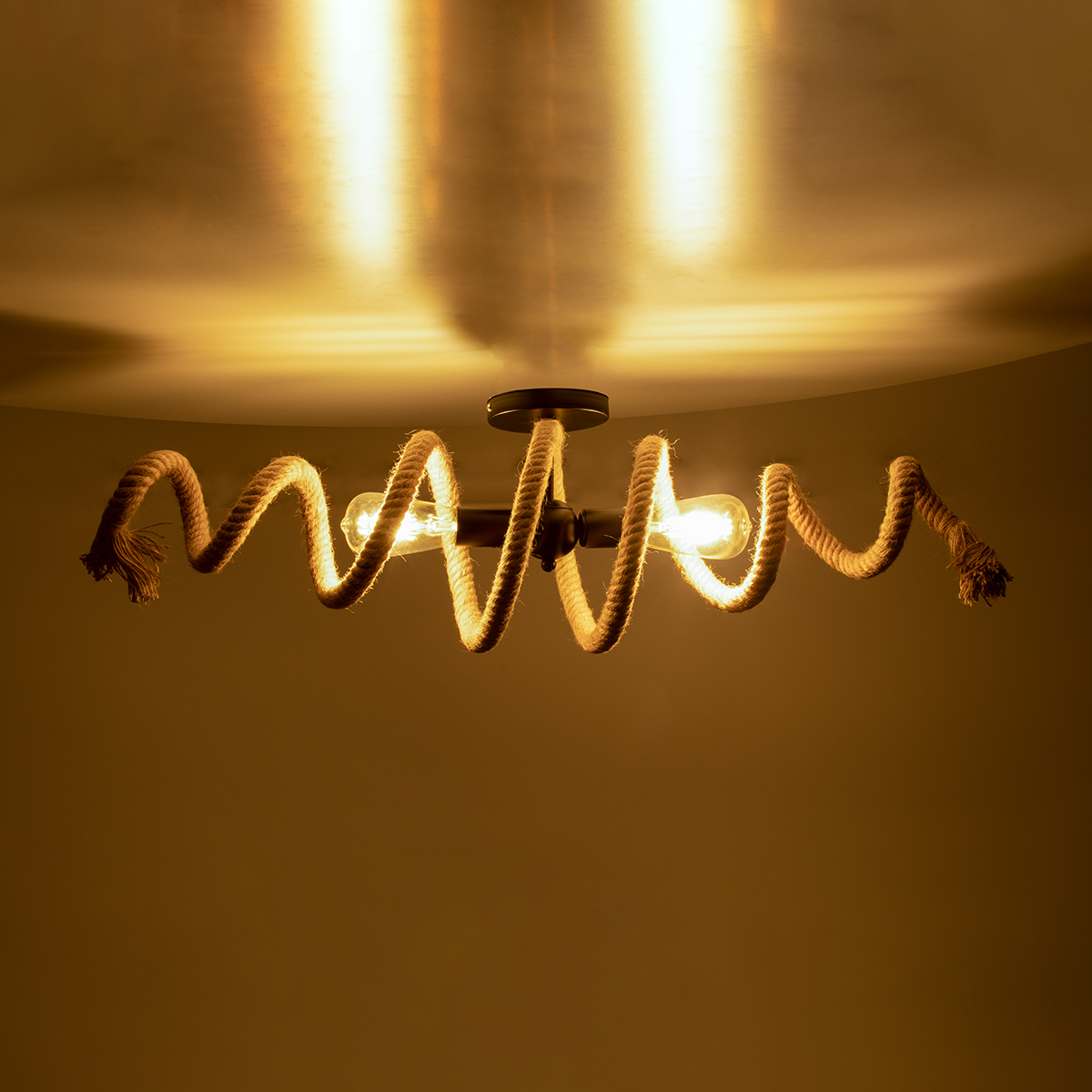 GloboStar® SPIRAL 01188 Vintage Φωτιστικό Οροφής Πλέγμα Δίφωτο 2 x E27 IP20 Μαύρο Μέταλλο με Μπεζ Σχοινί - Μ20 x Π20 x Υ75cm