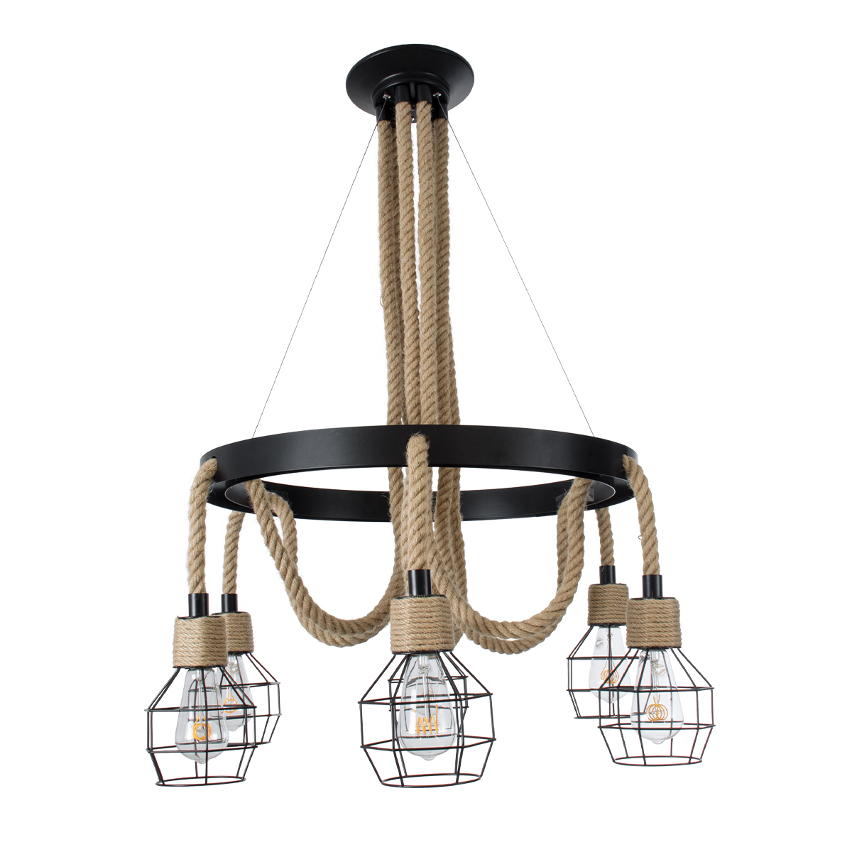 GloboStar® HELLET 01193 Vintage Κρεμαστό Φωτιστικό Πλέγμα Πολύφωτο 6 x E27 IP20 Μαύρο Μέταλλο, Πράσινο Πλαστικό με Μπεζ Σχοινί - Μ72 x Π72 x Υ80cm
