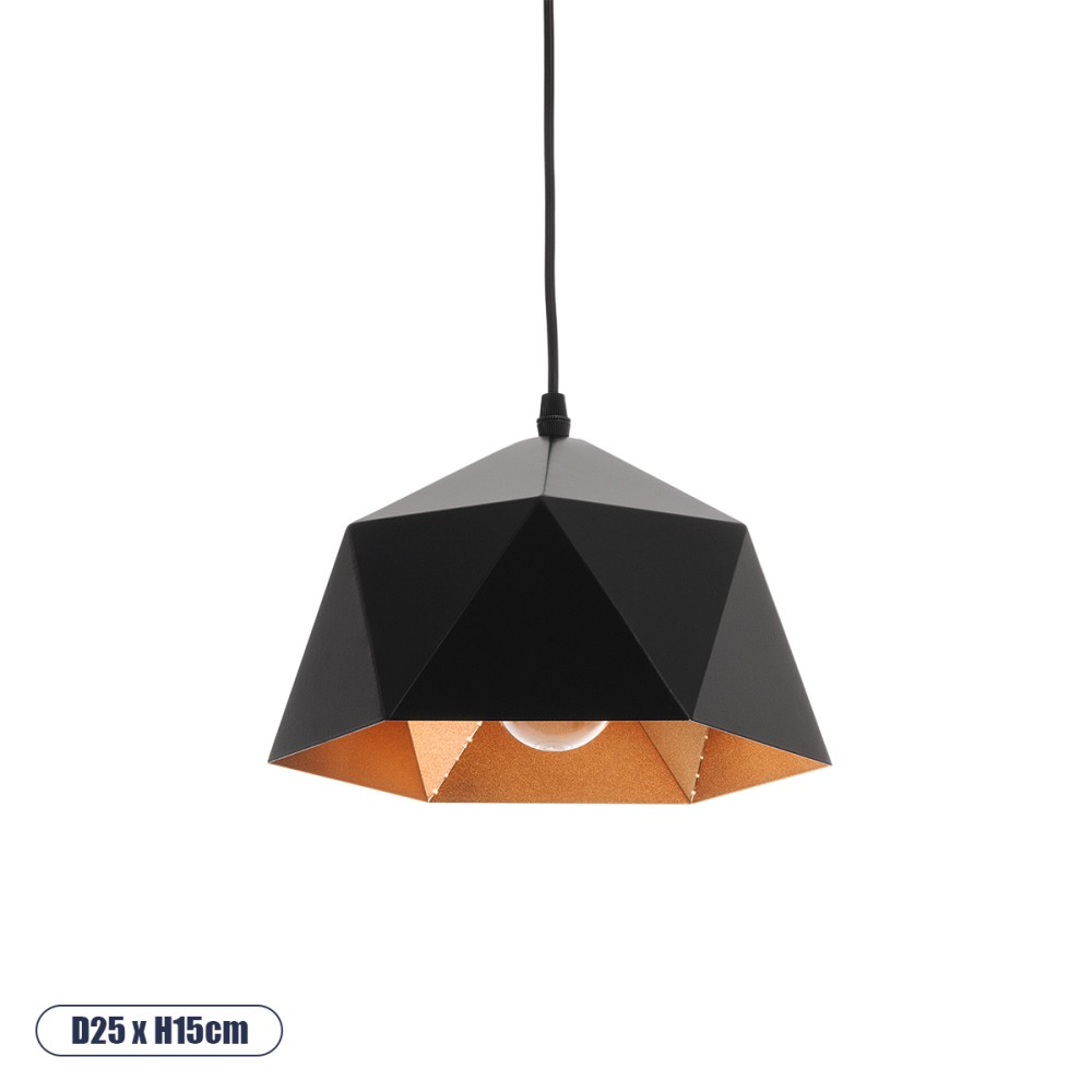GloboStar® HEXAGON 01194 Μοντέρνο Κρεμαστό Φωτιστικό Καμπάνα Μονόφωτο 1 x E27 IP20 Μαύρο & Χρυσό Μέταλλο - Μ25 x Π25 x Υ15cm