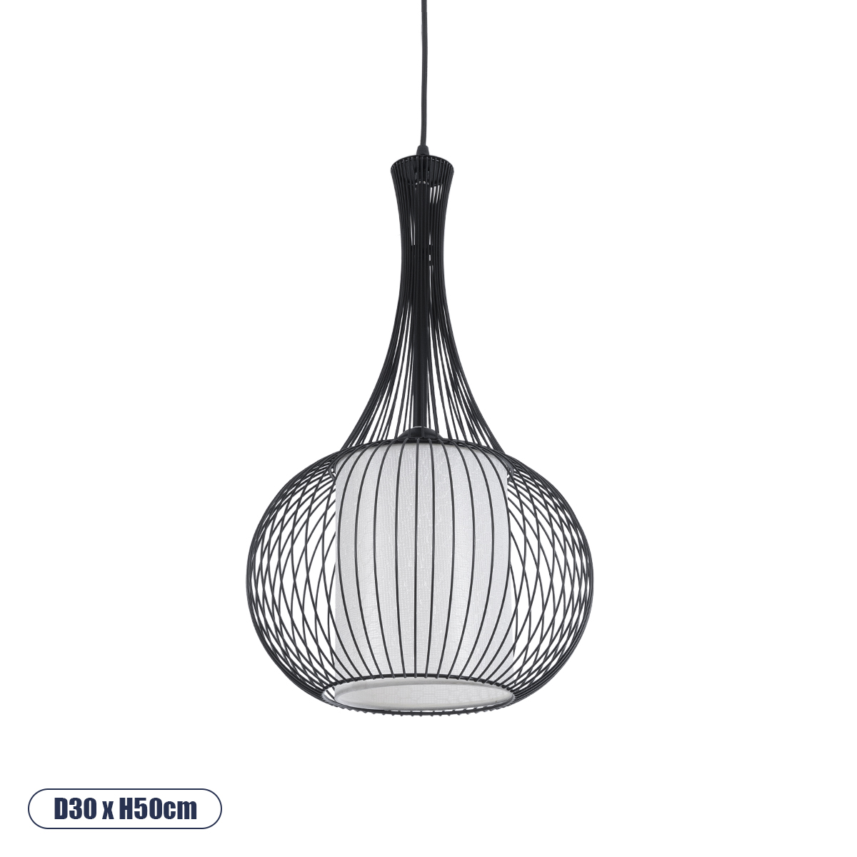 GloboStar® REA 01198 Μοντέρνο Κρεμαστό Φωτιστικό Πλέγμα Μονόφωτο 1 x E27 IP20 Μαύρο Μέταλλο με Λευκό Ύφασμα - Μ30 x Π30 x Υ50cm