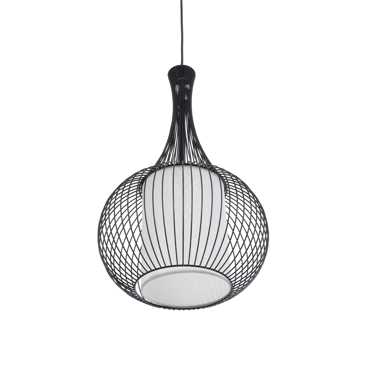 GloboStar® REA 01198 Μοντέρνο Κρεμαστό Φωτιστικό Πλέγμα Μονόφωτο 1 x E27 IP20 Μαύρο Μέταλλο με Λευκό Ύφασμα - Μ30 x Π30 x Υ50cm
