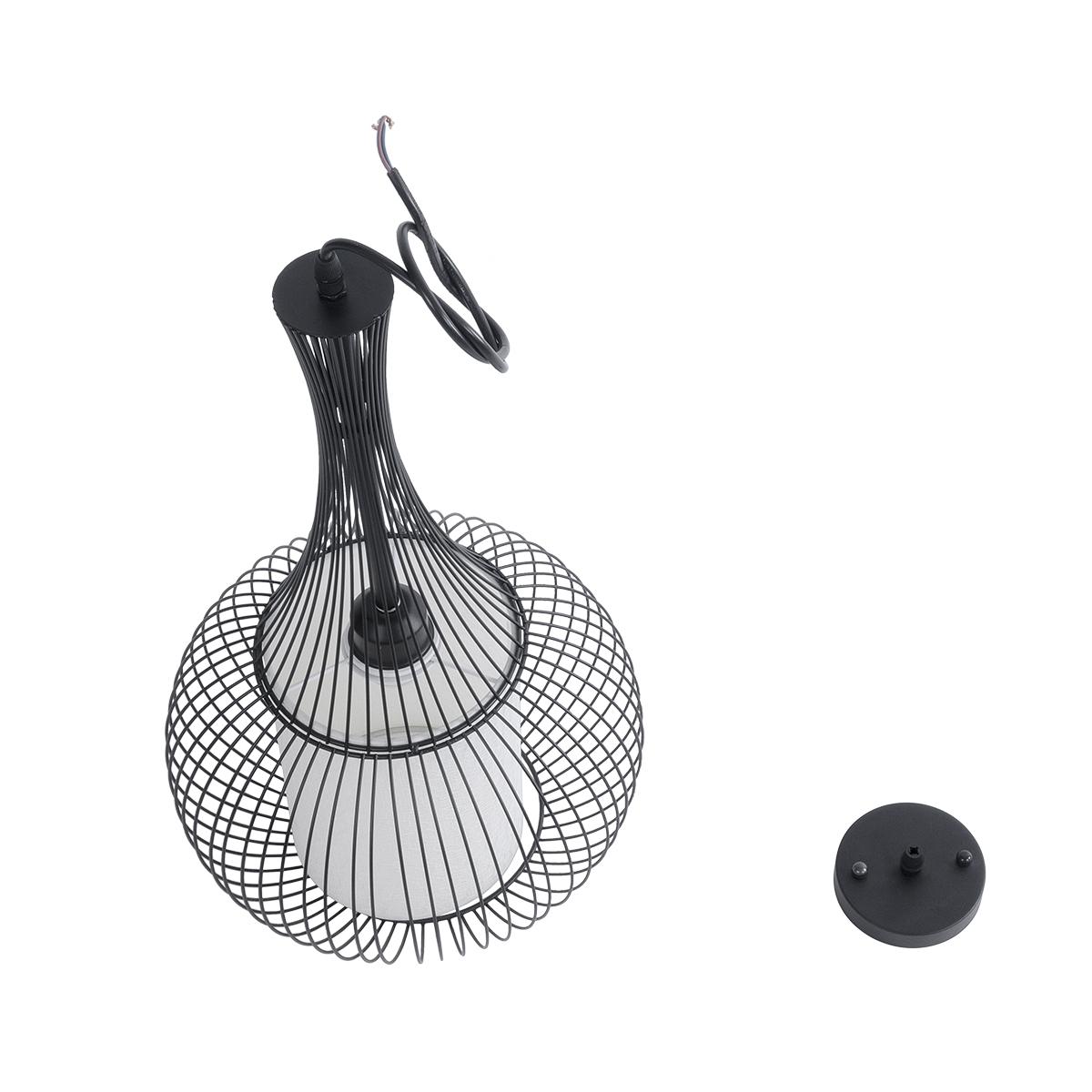 GloboStar® REA 01198 Μοντέρνο Κρεμαστό Φωτιστικό Πλέγμα Μονόφωτο 1 x E27 IP20 Μαύρο Μέταλλο με Λευκό Ύφασμα - Μ30 x Π30 x Υ50cm