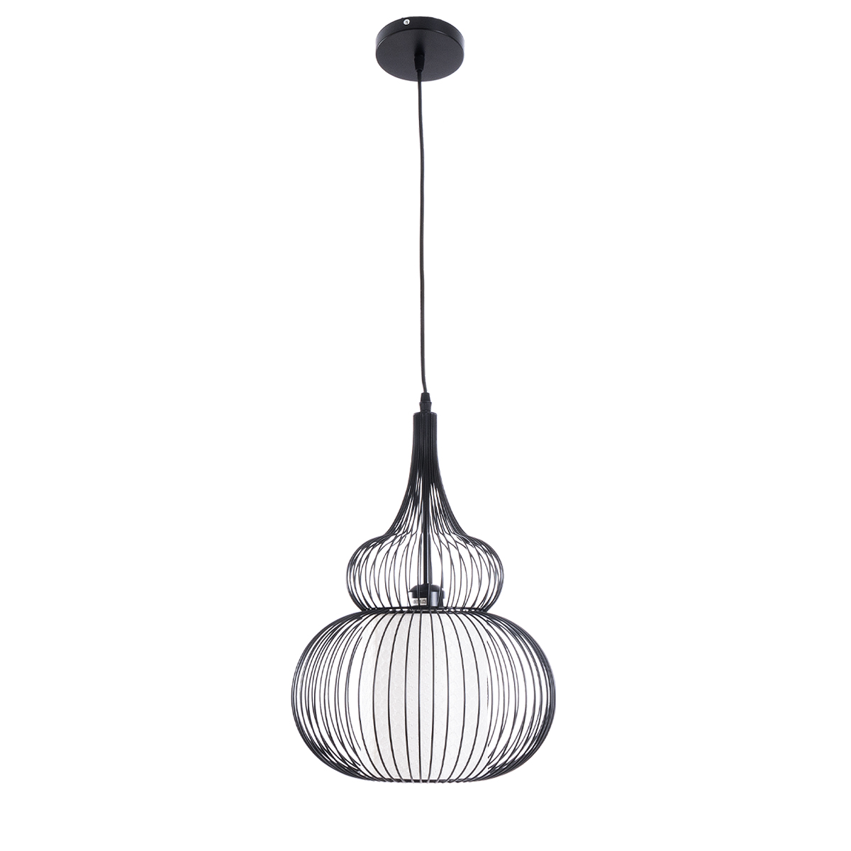 GloboStar® REA 01199 Μοντέρνο Κρεμαστό Φωτιστικό Πλέγμα Μονόφωτο 1 x E27 IP20 Μαύρο Μέταλλο με Λευκό Ύφασμα - Μ31 x Π31 x Υ42cm