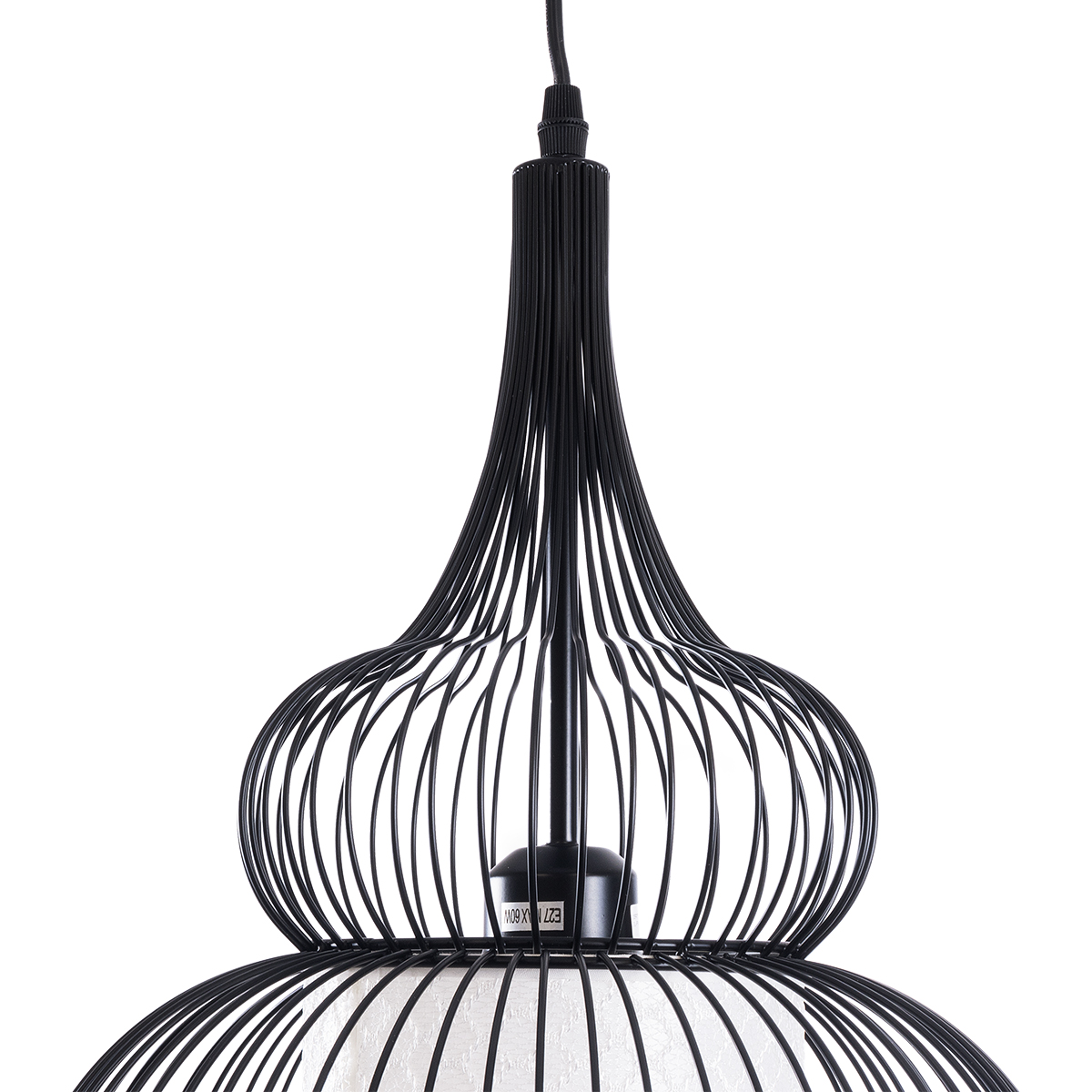 GloboStar® REA 01199 Μοντέρνο Κρεμαστό Φωτιστικό Πλέγμα Μονόφωτο 1 x E27 IP20 Μαύρο Μέταλλο με Λευκό Ύφασμα - Μ31 x Π31 x Υ42cm
