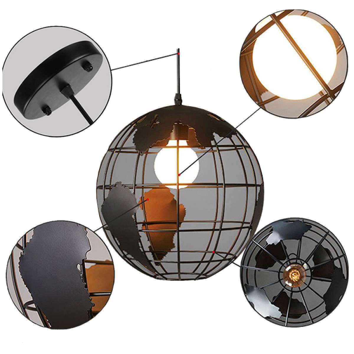GloboStar® EARTH 01205 Vintage Κρεμαστό Φωτιστικό Φιγούρα Μονόφωτο 1 x E27 IP20 Μαύρο Μέταλλο - Μ30 x Π30 x Υ30cm