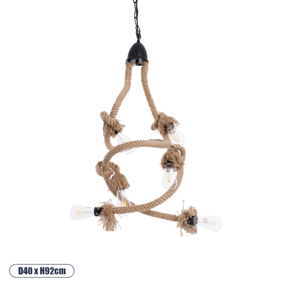 GloboStar® HAMTINE 01229 Vintage Κρεμαστό Φωτιστικό Ανάρτηση Πολύφωτο 6 x E27 IP20 Μαύρο Μέταλλο με Μπεζ Σχοινί - Μ40 x Π40 x Υ92cm