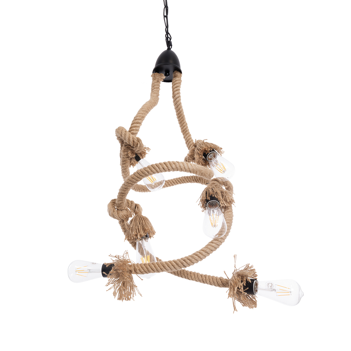 GloboStar® HAMTINE 01229 Vintage Κρεμαστό Φωτιστικό Ανάρτηση Πολύφωτο 6 x E27 IP20 Μαύρο Μέταλλο με Μπεζ Σχοινί - Μ40 x Π40 x Υ92cm