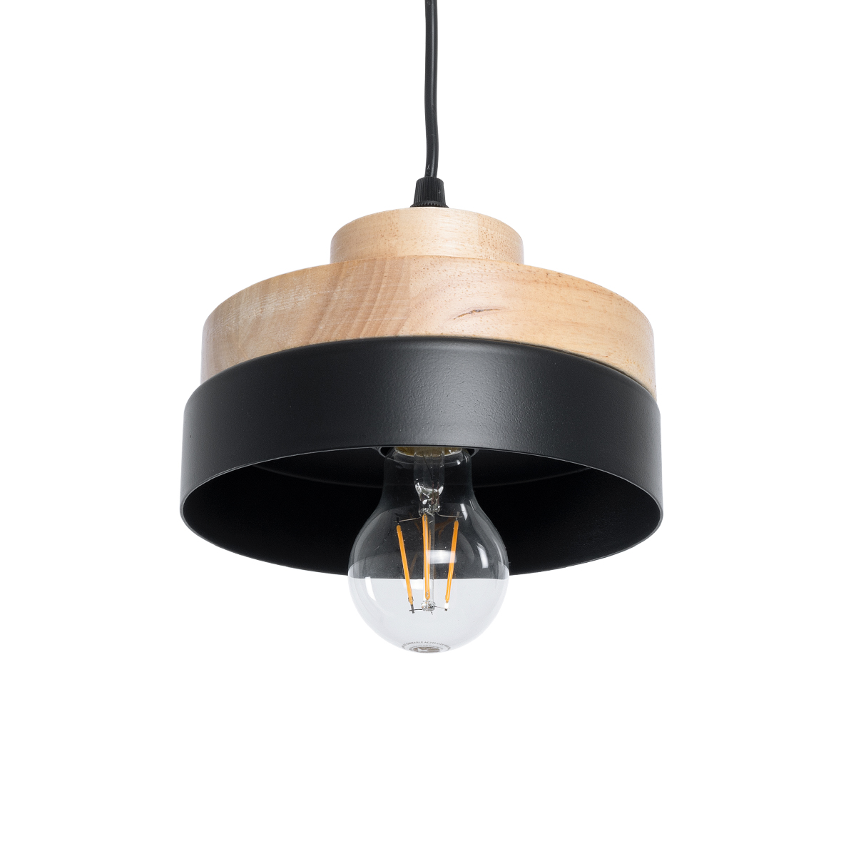 GloboStar® RUHIEL 01233 Μοντέρνο Κρεμαστό Φωτιστικό Καμπάνα Μονόφωτο 1 x E27 IP20 Μαύρο Μέταλλο με Μπεζ Ξύλο - Μ18 x Π18 x Υ12cm