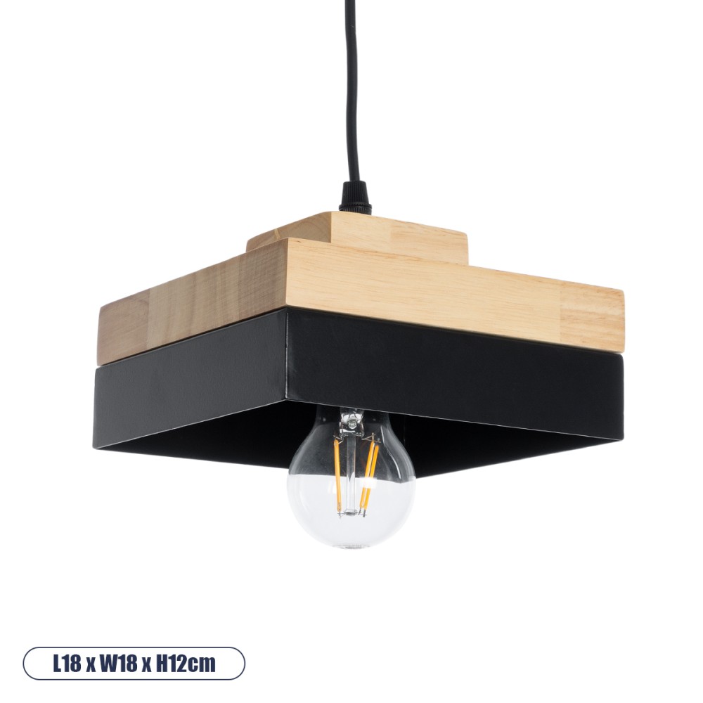 GloboStar® RUHIEL 01234 Μοντέρνο Κρεμαστό Φωτιστικό Καμπάνα Μονόφωτο 1 x E27 IP20 Μαύρο Μέταλλο με Μπεζ Ξύλο - Μ18 x Π18 x Υ12cm