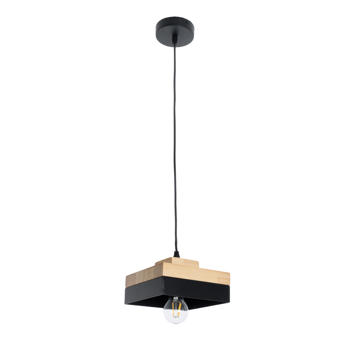 GloboStar® RUHIEL 01234 Μοντέρνο Κρεμαστό Φωτιστικό Καμπάνα Μονόφωτο 1 x E27 IP20 Μαύρο Μέταλλο με Μπεζ Ξύλο - Μ18 x Π18 x Υ12cm