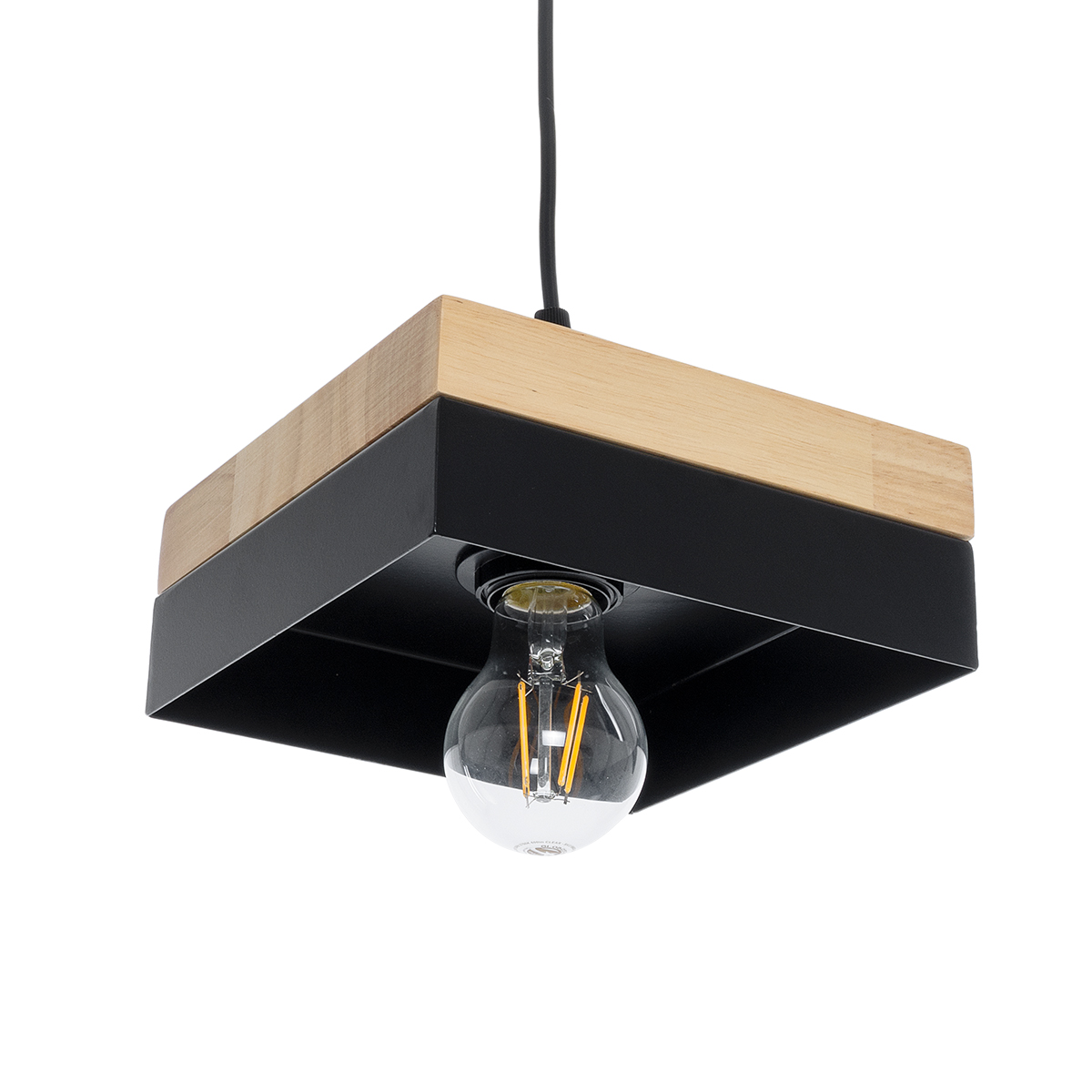 GloboStar® RUHIEL 01234 Μοντέρνο Κρεμαστό Φωτιστικό Καμπάνα Μονόφωτο 1 x E27 IP20 Μαύρο Μέταλλο με Μπεζ Ξύλο - Μ18 x Π18 x Υ12cm