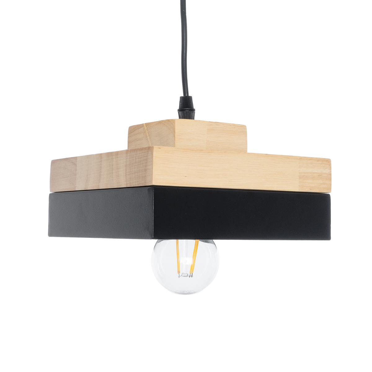 GloboStar® RUHIEL 01234 Μοντέρνο Κρεμαστό Φωτιστικό Καμπάνα Μονόφωτο 1 x E27 IP20 Μαύρο Μέταλλο με Μπεζ Ξύλο - Μ18 x Π18 x Υ12cm