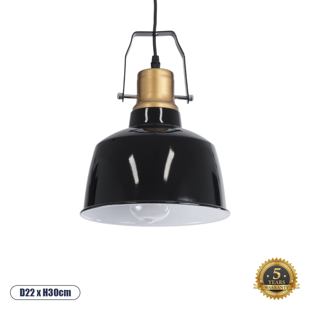 GloboStar® DEVOTA 01235 Vintage Κρεμαστό Φωτιστικό Καμπάνα Μονόφωτο 1 x E27 IP20 Μαύρο & Χρυσό Μέταλλο - Μ22 x Π22 x Υ30cm