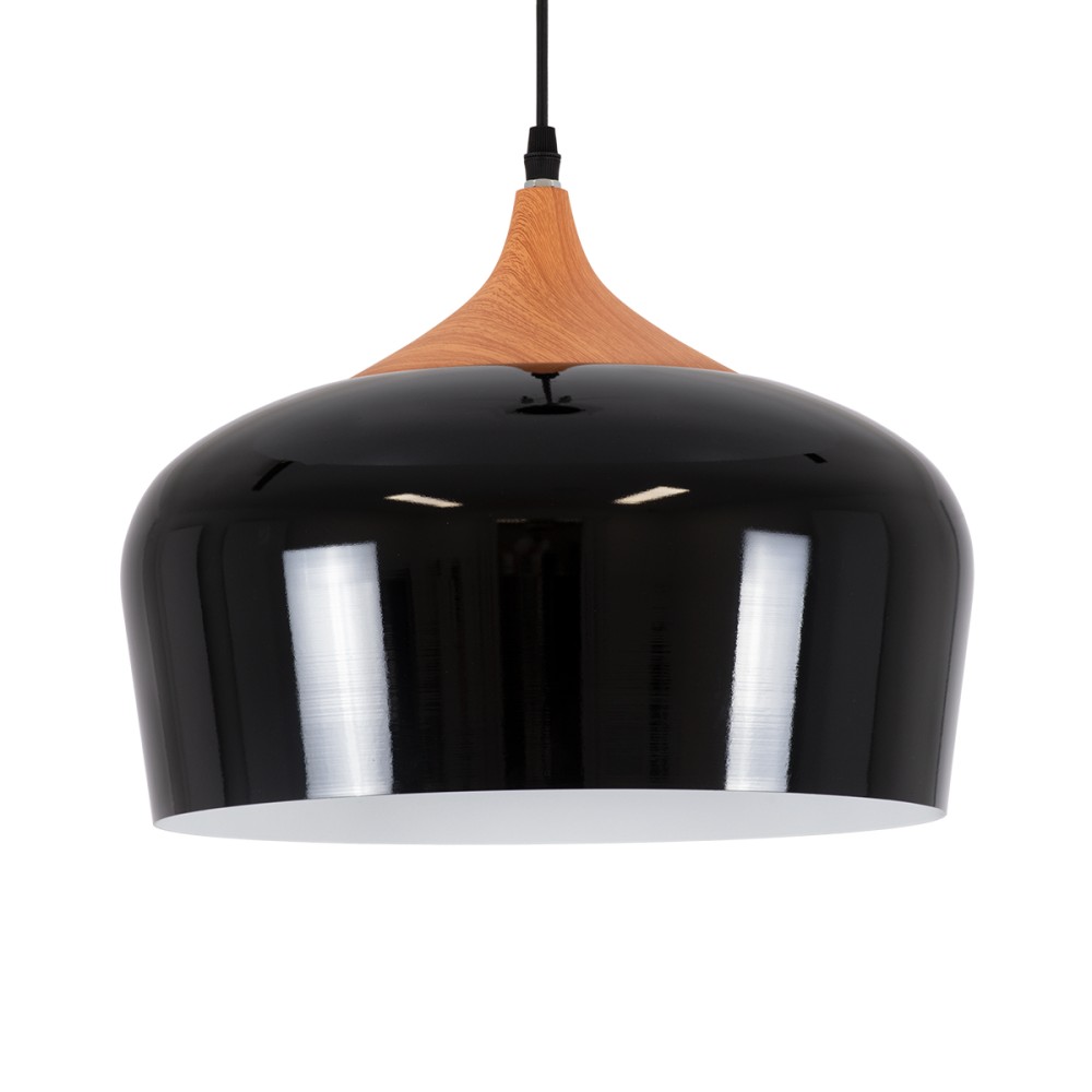 GloboStar® VILI 01261 Μοντέρνο Κρεμαστό Φωτιστικό Καμπάνα Μονόφωτο 1 x E27 IP20 Μαύρο Μέταλλο με Μπεζ Ξύλο - Μ35 x Π35 x Υ27cm