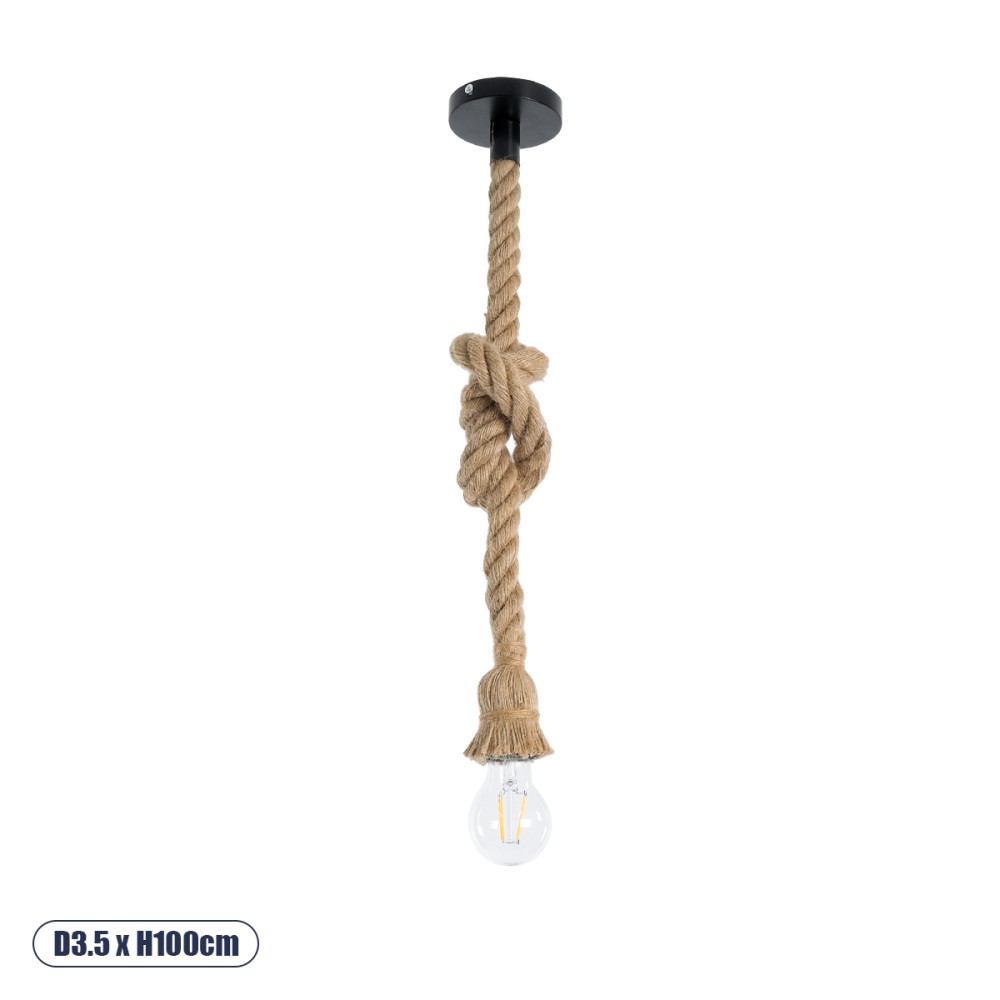 GloboStar® ROPE 01278 Vintage Κρεμαστό Φωτιστικό Ανάρτηση Μονόφωτο 1 x E27 IP20 Μπεζ Σχοινί - Μ3.5 x Π3.5 x Y100cm