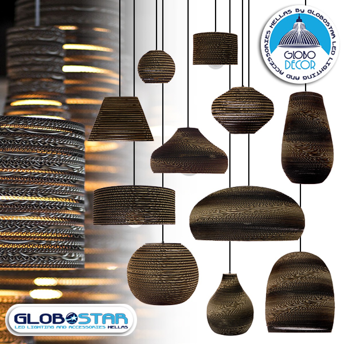 GloboStar® SANTORINI 01290 Boho Κρεμαστό Φωτιστικό Καπέλο Μονόφωτο 1 x E27 IP20 3D Καφέ Χαρτί - Μ30 x Π30 x Y20cm