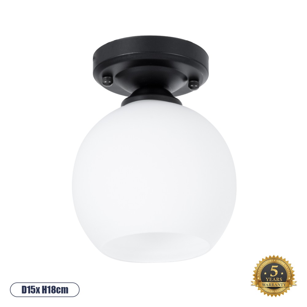 GloboStar® MAURA 01318 Μοντέρνο Φωτιστικό Οροφής Καμπάνα Μονόφωτο 1 x E27 IP20 Λευκό Γυαλί με Μαύρο Μέταλλο - Μ15 x Π15 x Υ18cm