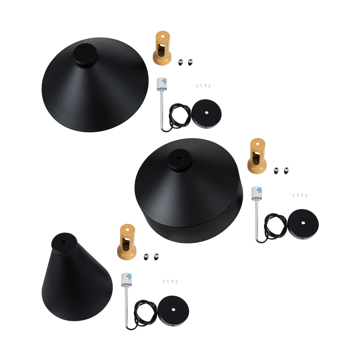 GloboStar® CALYPSO 01334 Μοντέρνο Κρεμαστό Φωτιστικό Καμπάνα Σετ Τρίφωτο 3 x E27 Μαύρο & Χρυσό Μέταλλο με Μπεζ Ξύλο - Μ110 x Π110 x Υ35cm