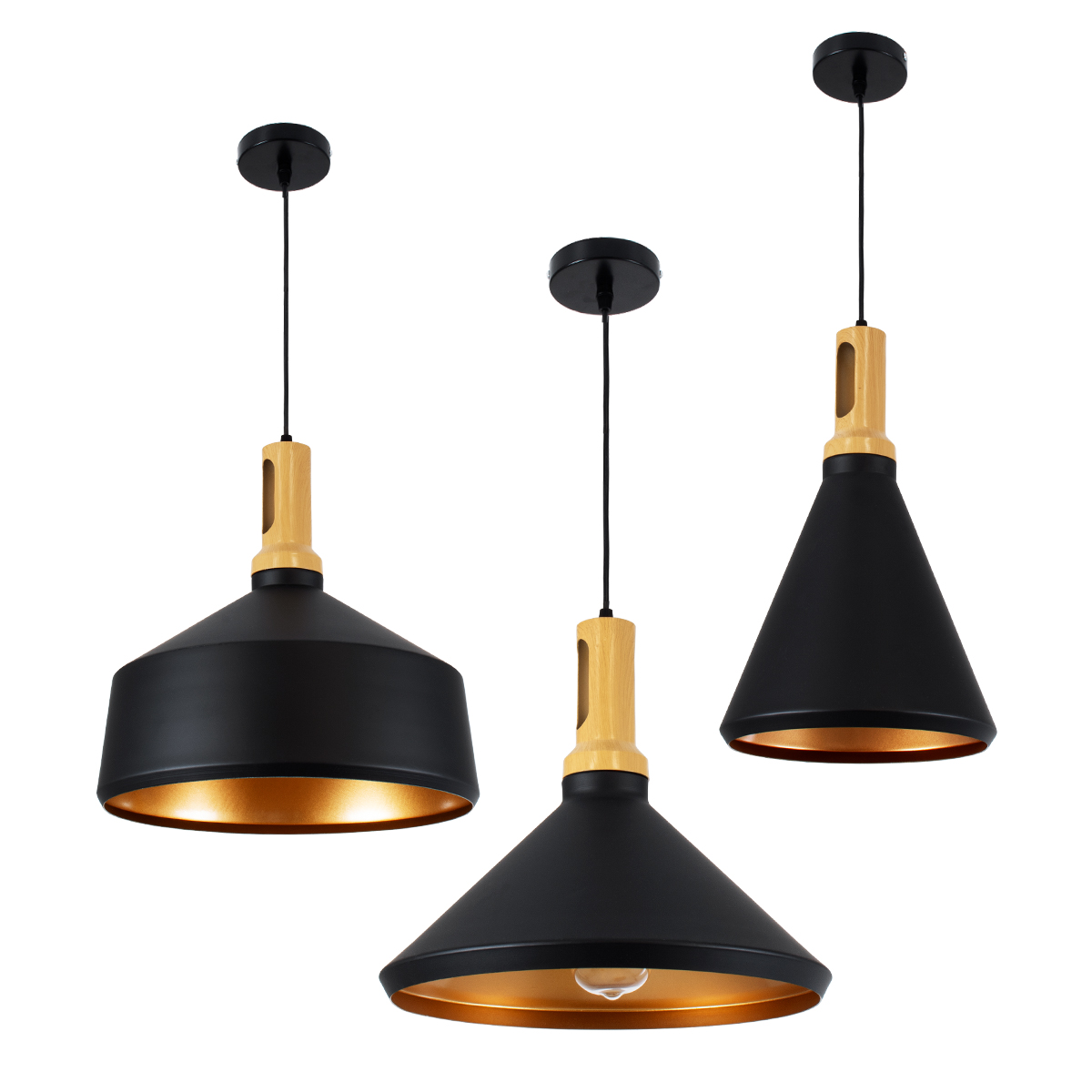 GloboStar® CALYPSO 01334 Μοντέρνο Κρεμαστό Φωτιστικό Καμπάνα Σετ Τρίφωτο 3 x E27 Μαύρο & Χρυσό Μέταλλο με Μπεζ Ξύλο - Μ110 x Π110 x Υ35cm