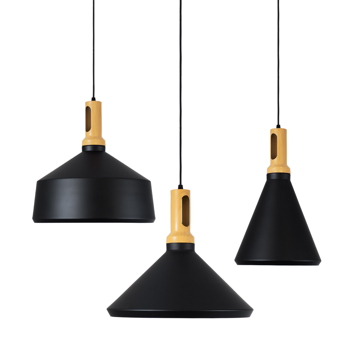 GloboStar® CALYPSO 01334 Μοντέρνο Κρεμαστό Φωτιστικό Καμπάνα Σετ Τρίφωτο 3 x E27 Μαύρο & Χρυσό Μέταλλο με Μπεζ Ξύλο - Μ110 x Π110 x Υ35cm