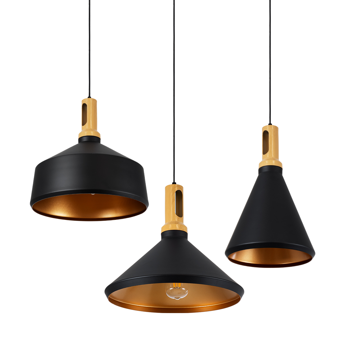 GloboStar® CALYPSO 01334 Μοντέρνο Κρεμαστό Φωτιστικό Καμπάνα Σετ Τρίφωτο 3 x E27 Μαύρο & Χρυσό Μέταλλο με Μπεζ Ξύλο - Μ110 x Π110 x Υ35cm