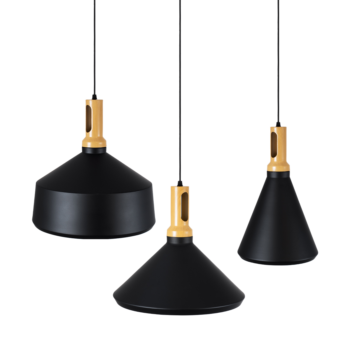 GloboStar® CALYPSO 01334 Μοντέρνο Κρεμαστό Φωτιστικό Καμπάνα Σετ Τρίφωτο 3 x E27 Μαύρο & Χρυσό Μέταλλο με Μπεζ Ξύλο - Μ110 x Π110 x Υ35cm