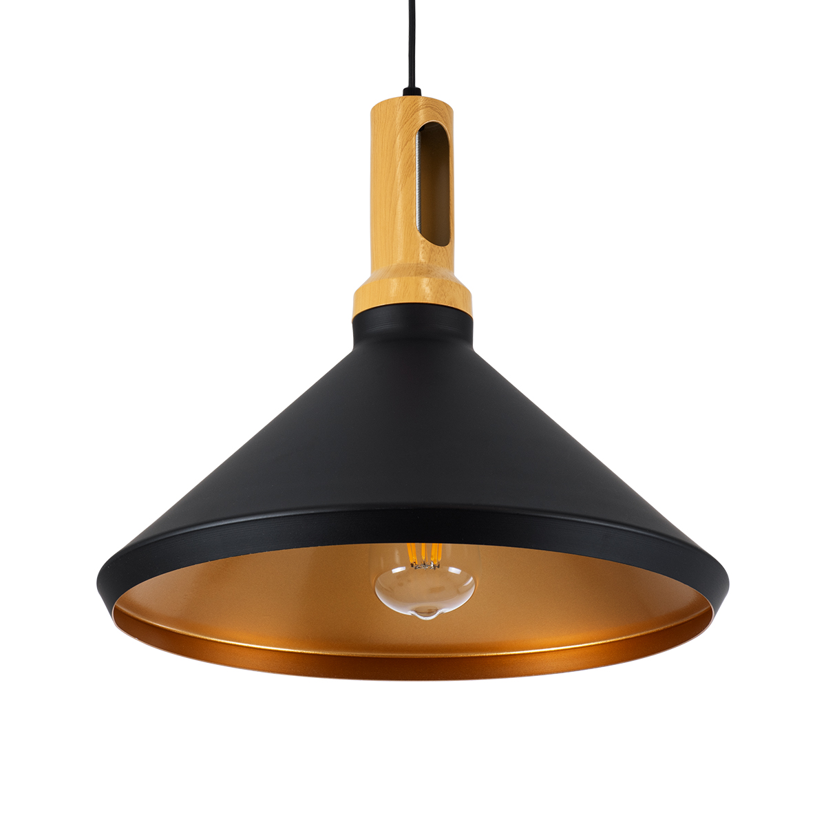 GloboStar® CALYPSO 01334-A Μοντέρνο Κρεμαστό Φωτιστικό Καμπάνα Μονόφωτο 1 x E27 IP20 Μαύρο & Χρυσό Μέταλλο με Μπεζ Ξύλο - Μ36 x Π36 x Υ30cm
