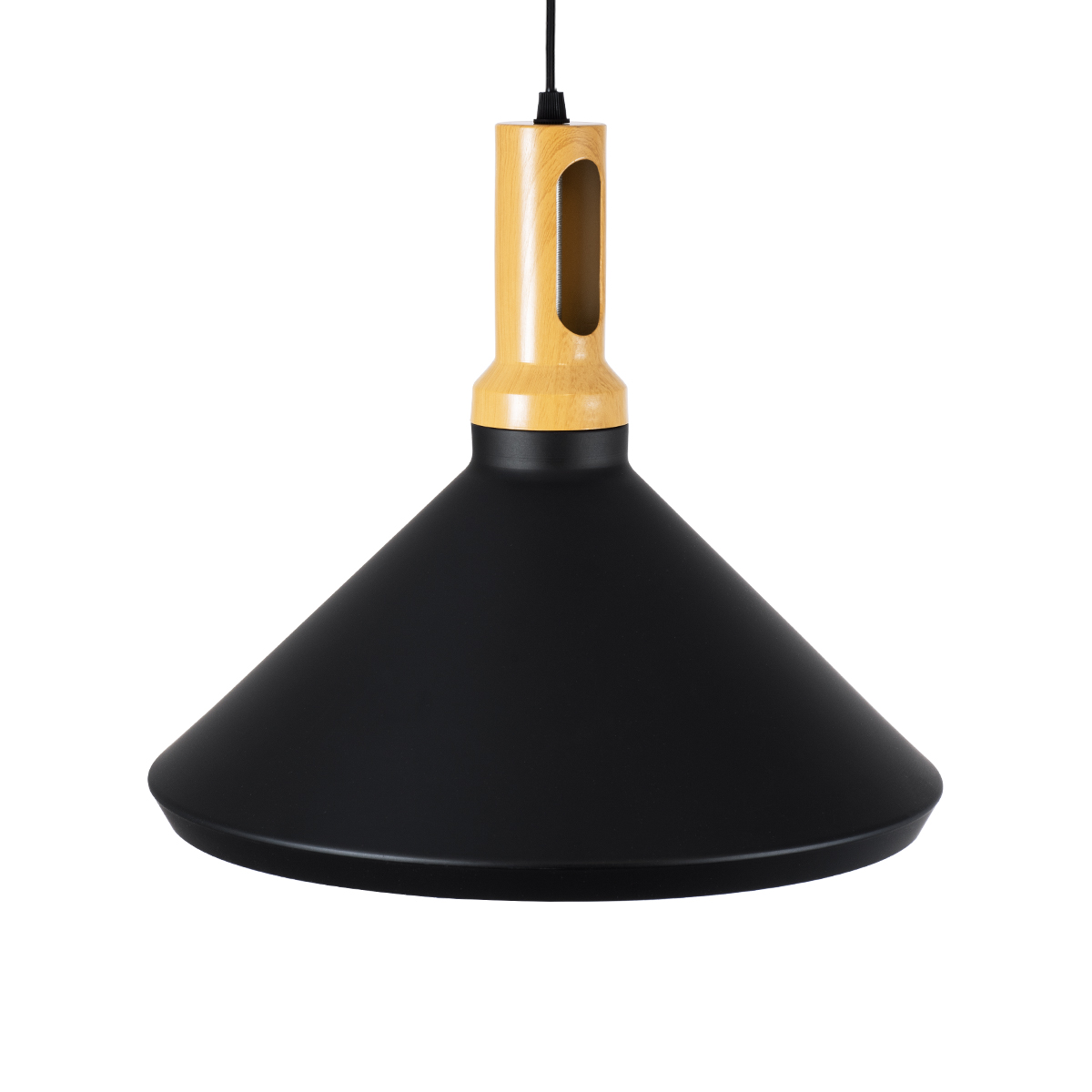 GloboStar® CALYPSO 01334-A Μοντέρνο Κρεμαστό Φωτιστικό Καμπάνα Μονόφωτο 1 x E27 IP20 Μαύρο & Χρυσό Μέταλλο με Μπεζ Ξύλο - Μ36 x Π36 x Υ30cm