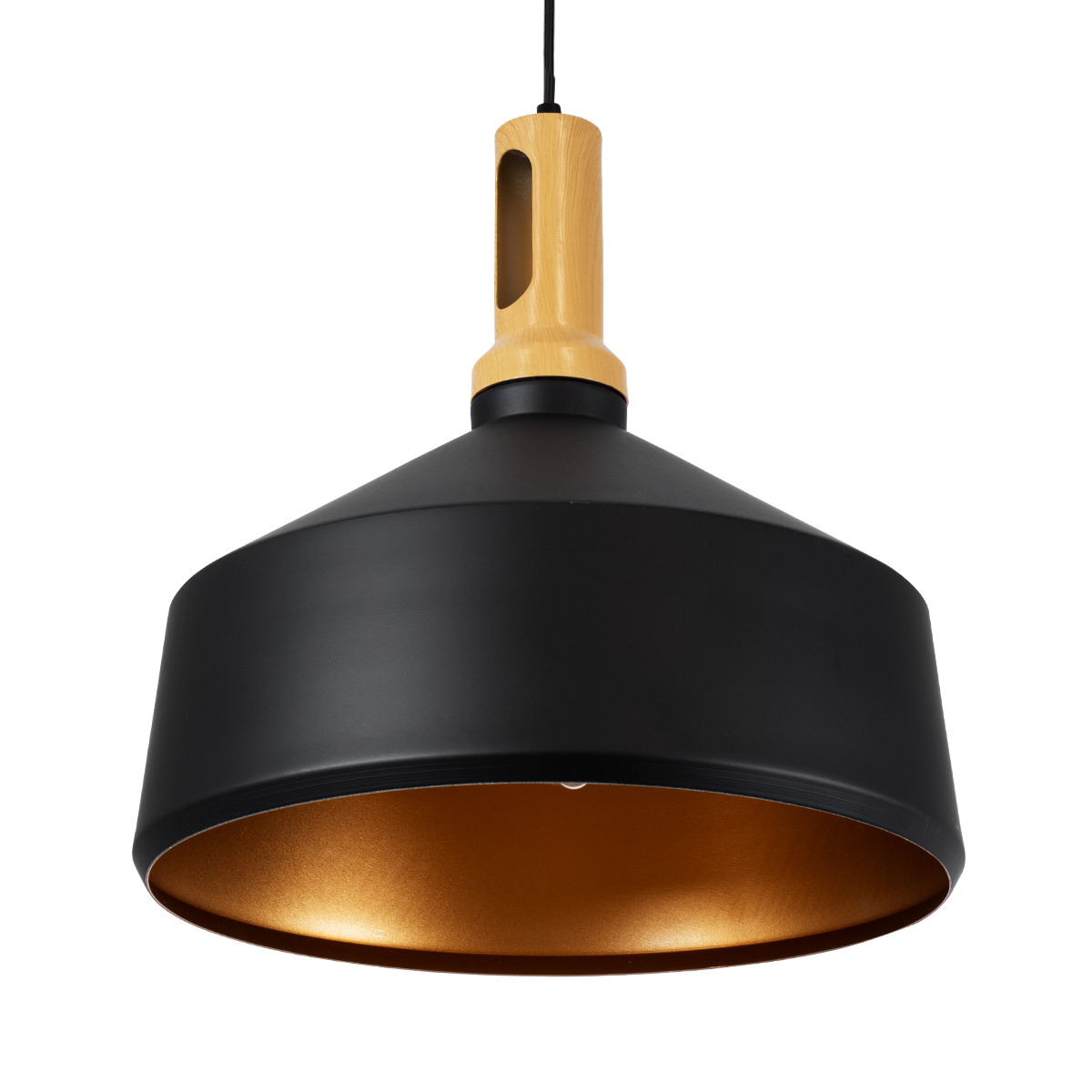GloboStar® CALYPSO 01334-B Μοντέρνο Κρεμαστό Φωτιστικό Καμπάνα Μονόφωτο 1 x E27 IP20 Μαύρο & Χρυσό Μέταλλο με Μπεζ Ξύλο - Μ36 x Π36 x Υ35cm