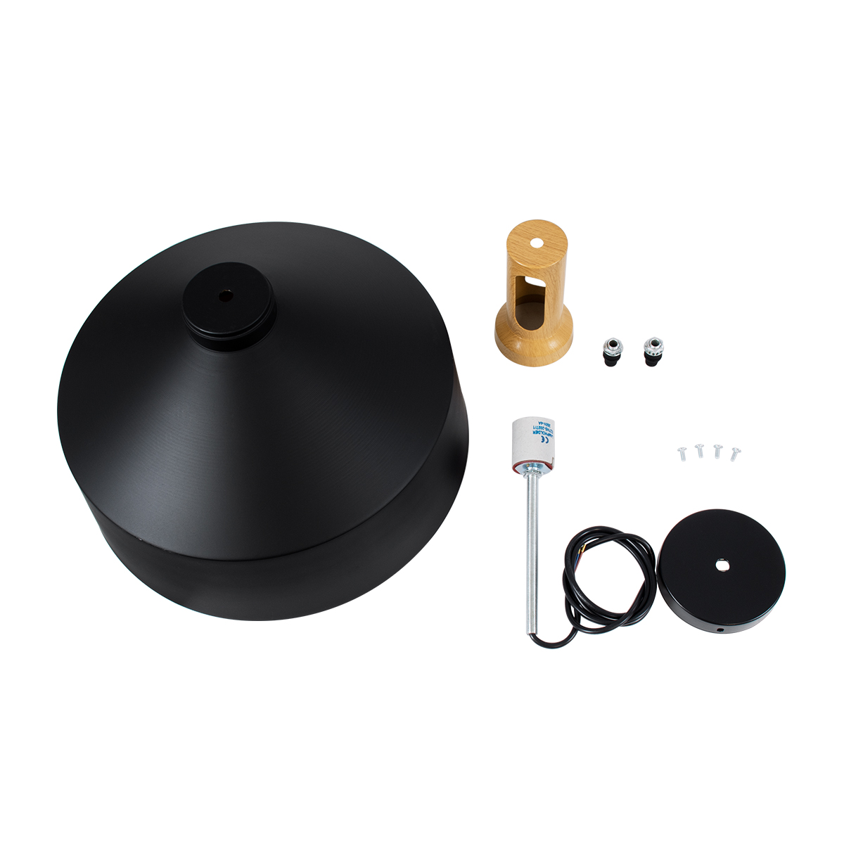 GloboStar® CALYPSO 01334-B Μοντέρνο Κρεμαστό Φωτιστικό Καμπάνα Μονόφωτο 1 x E27 IP20 Μαύρο & Χρυσό Μέταλλο με Μπεζ Ξύλο - Μ36 x Π36 x Υ35cm