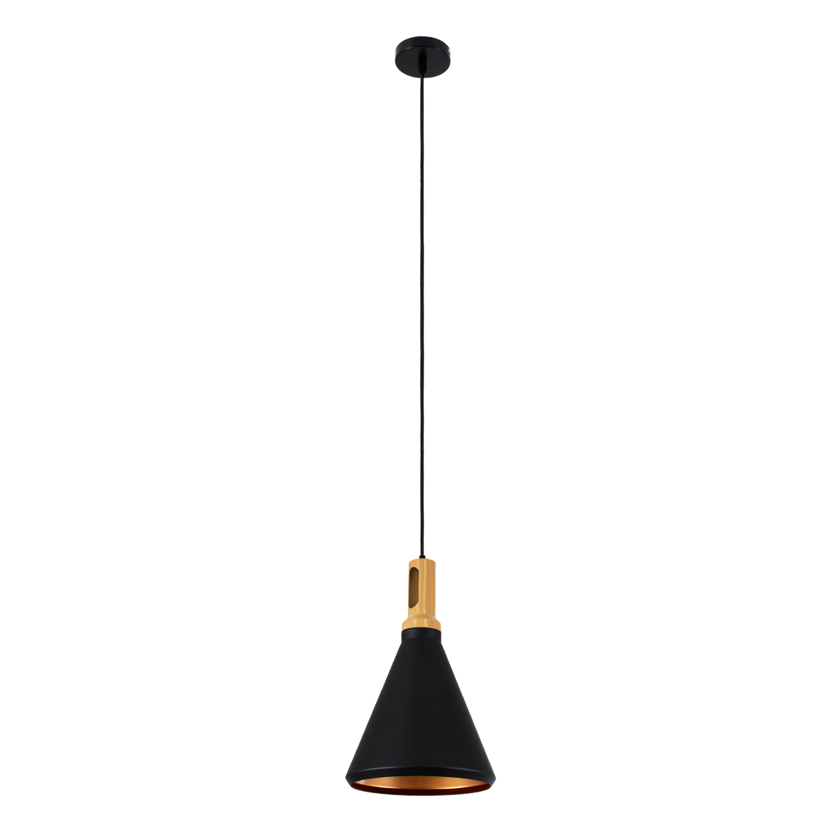 GloboStar® CALYPSO 01334-C Μοντέρνο Κρεμαστό Φωτιστικό Καμπάνα Μονόφωτο 1 x E27 IP20 Μαύρο & Χρυσό Μέταλλο με Μπεζ Ξύλο - Μ25 x Π25 x Υ40cm