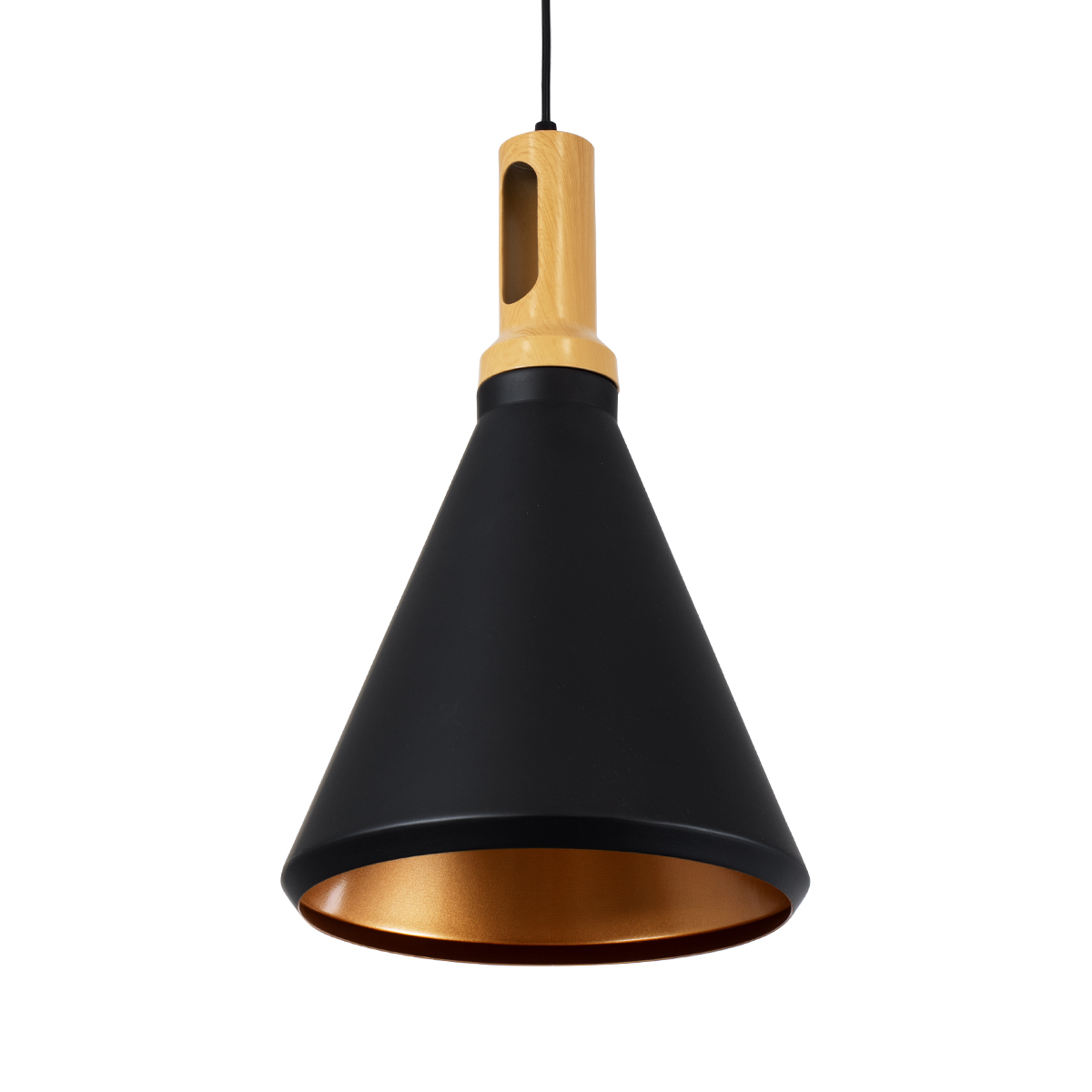 GloboStar® CALYPSO 01334-C Μοντέρνο Κρεμαστό Φωτιστικό Καμπάνα Μονόφωτο 1 x E27 IP20 Μαύρο & Χρυσό Μέταλλο με Μπεζ Ξύλο - Μ25 x Π25 x Υ40cm
