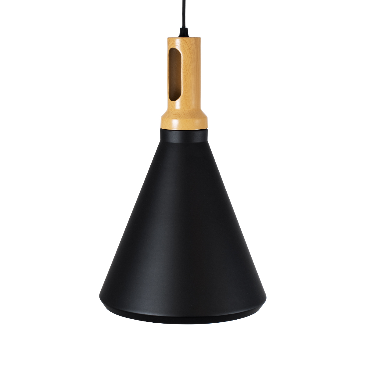 GloboStar® CALYPSO 01334-C Μοντέρνο Κρεμαστό Φωτιστικό Καμπάνα Μονόφωτο 1 x E27 IP20 Μαύρο & Χρυσό Μέταλλο με Μπεζ Ξύλο - Μ25 x Π25 x Υ40cm