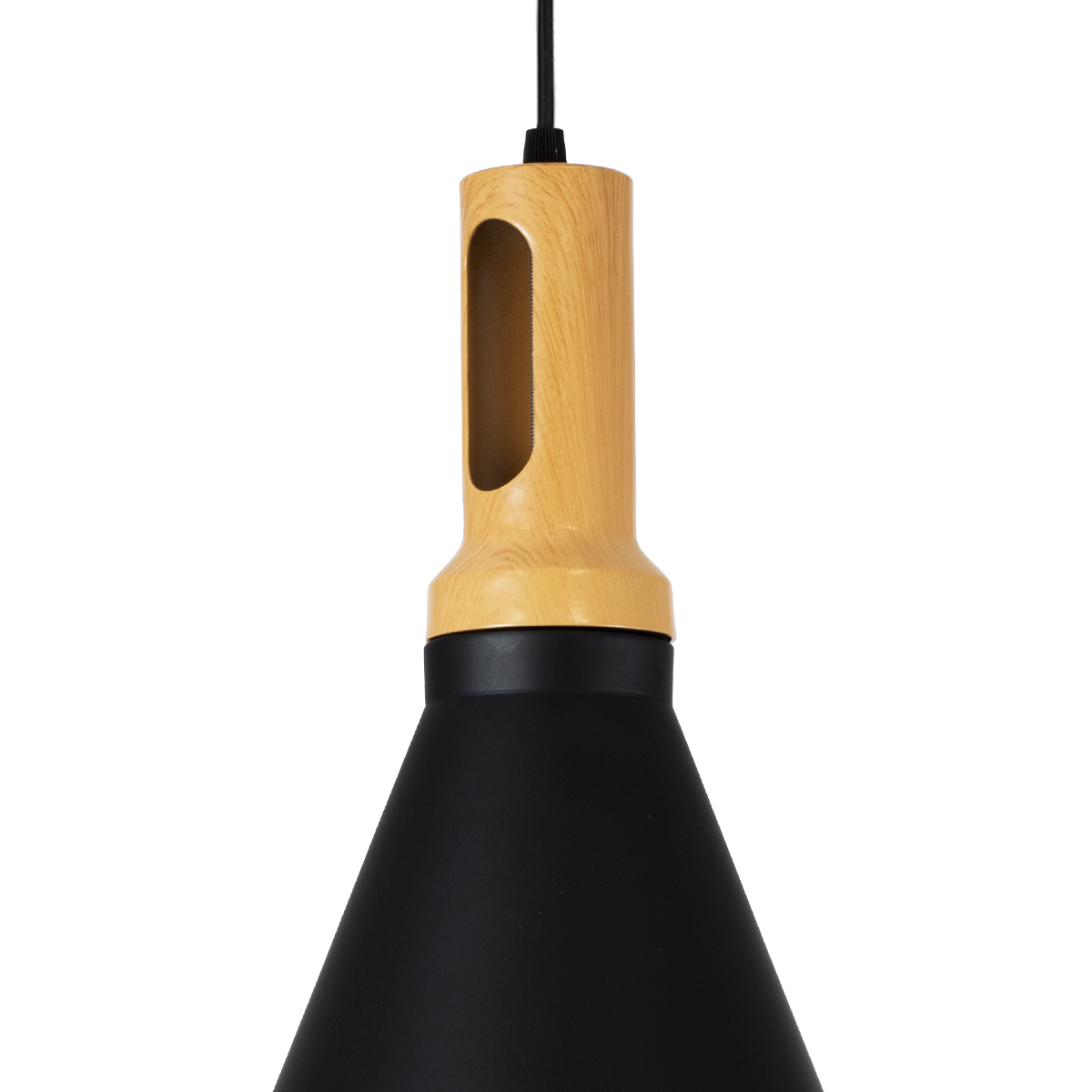 GloboStar® CALYPSO 01334-C Μοντέρνο Κρεμαστό Φωτιστικό Καμπάνα Μονόφωτο 1 x E27 IP20 Μαύρο & Χρυσό Μέταλλο με Μπεζ Ξύλο - Μ25 x Π25 x Υ40cm