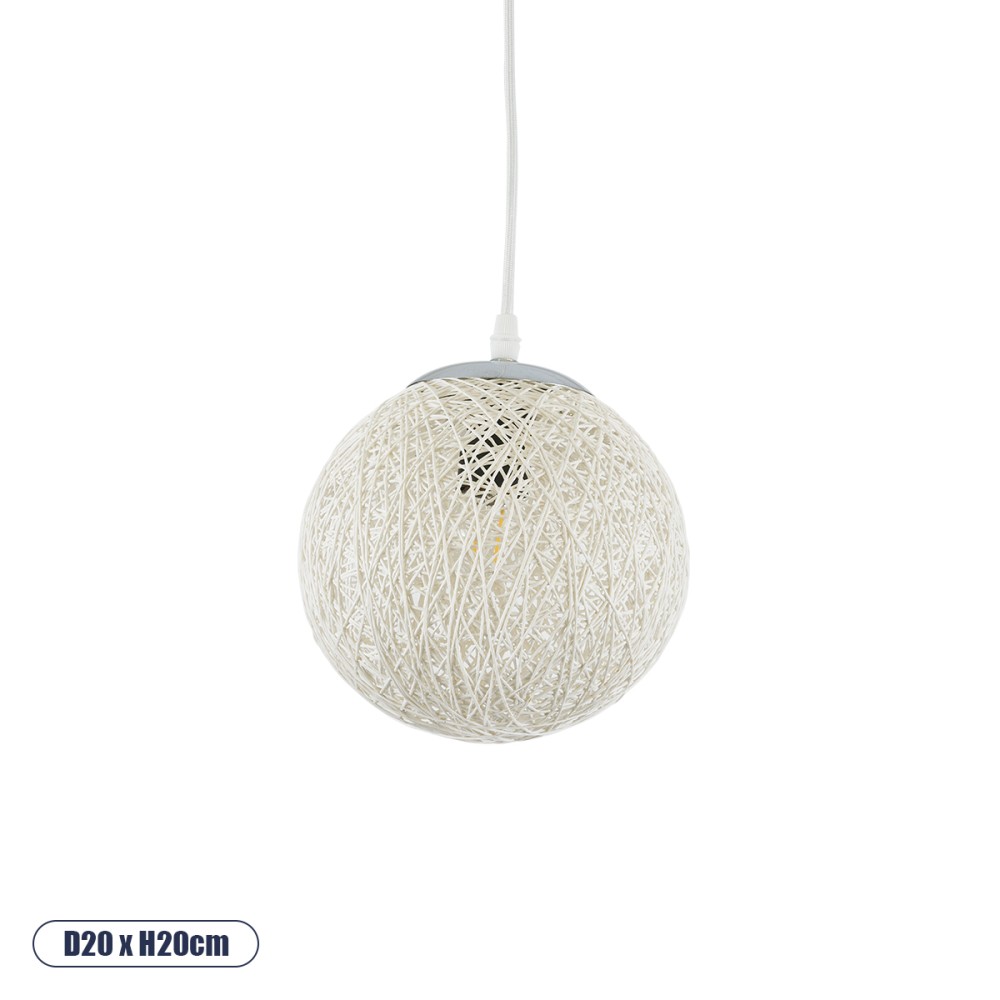GloboStar® OCEANA 01355 Boho Κρεμαστό Φωτιστικό Μπάλα Μονόφωτο 1 x E27 IP20 Λευκό Σχοινί - Μ20 x Π20 x Υ20cm