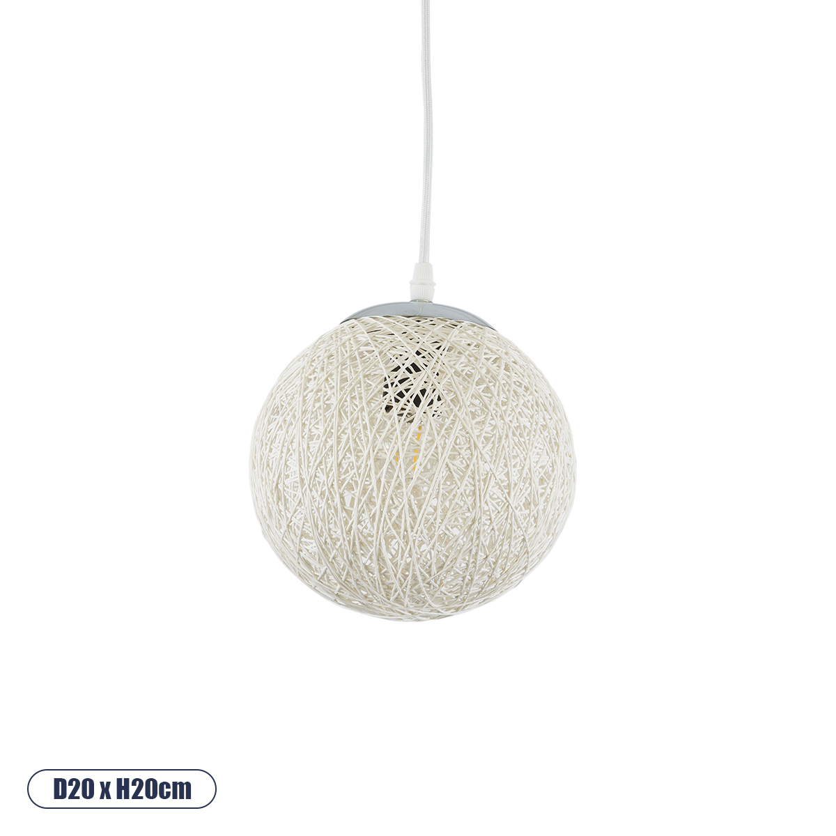 GloboStar® OCEANA 01355 Vintage Κρεμαστό Φωτιστικό Μπάλα Μονόφωτο 1 x E27 IP20 Λευκό Σχοινί - Μ20 x Π20 x Υ20cm