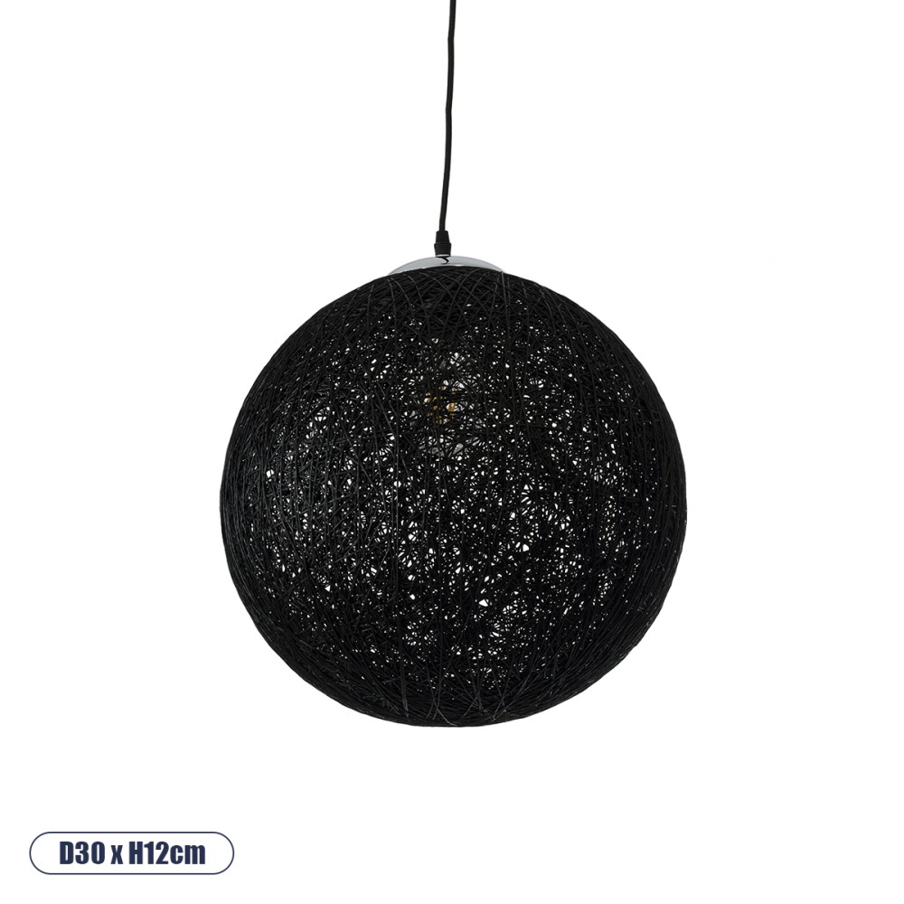 GloboStar® OCEANA 01360 Boho Κρεμαστό Φωτιστικό Μπάλα Μονόφωτο 1 x E27 IP20 Μαύρο Σχοινί - Μ40 x Π40 x Υ40cm